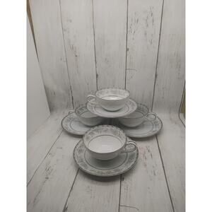 Noritake China Blemont Tea Cup & Saucer Japan Set of 4 White Silver Blue (shelf)